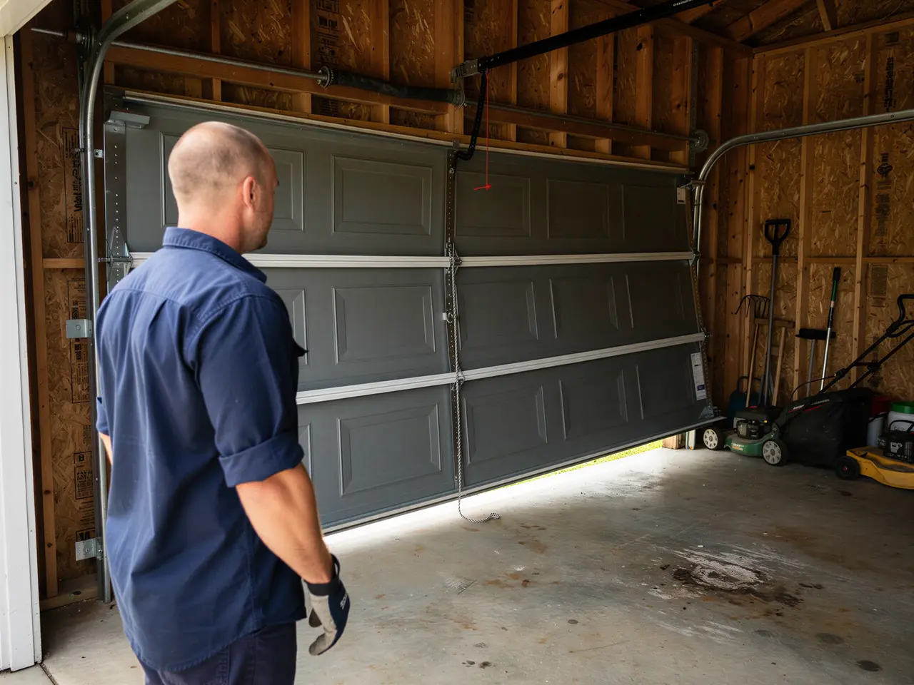 A technician stands in a garage looking at a gray garage door that is off its track.
