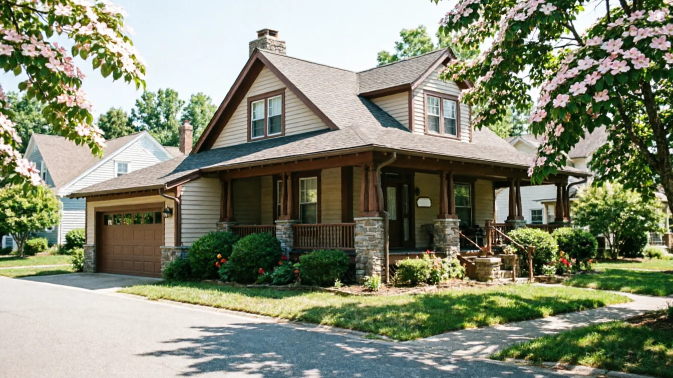 A brown garage door is on a beige house with a porch and flowering trees.