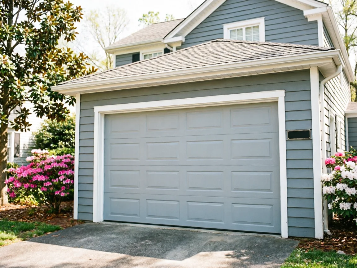 A light gray garage door is on a blue house with pink and white bushes.