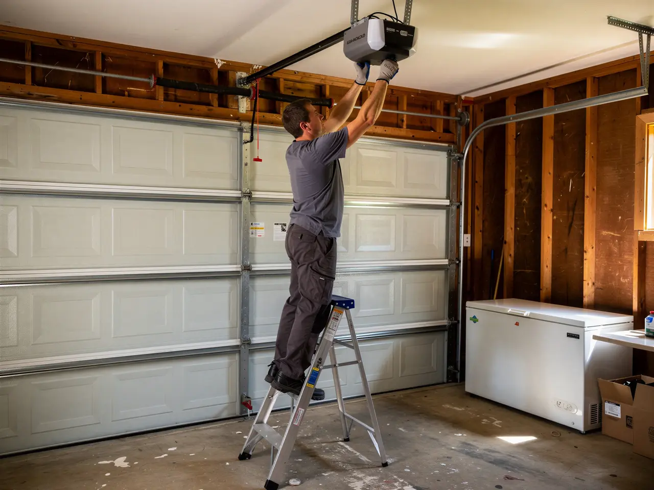A technician on a ladder installs a garage door opener above a white garage door.