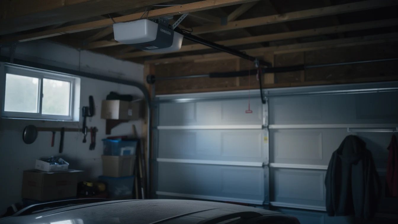A garage door opener is mounted to the ceiling above a closed garage door.