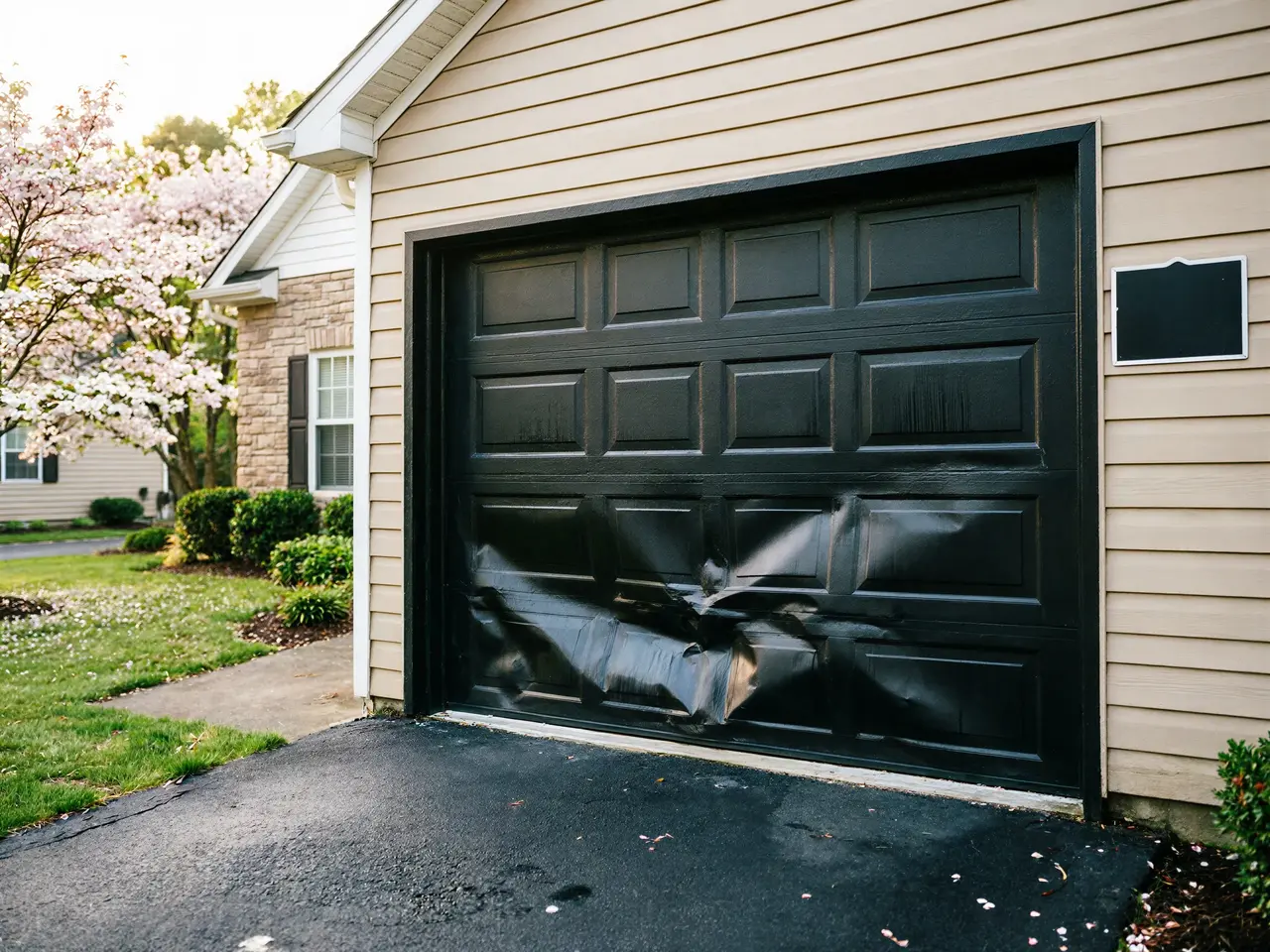 The black garage door has a large dent in the bottom panels.