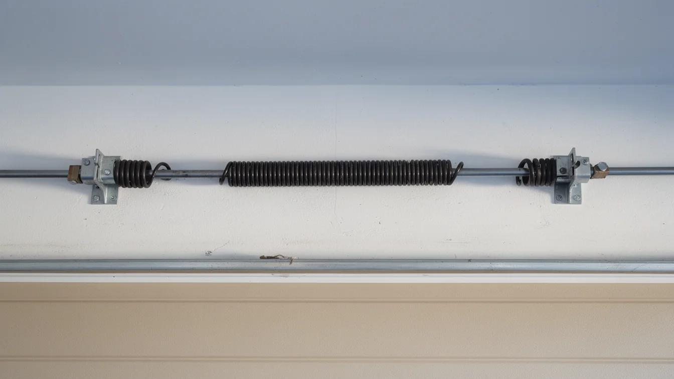 A black torsion spring is mounted on a metal rod above a garage door.